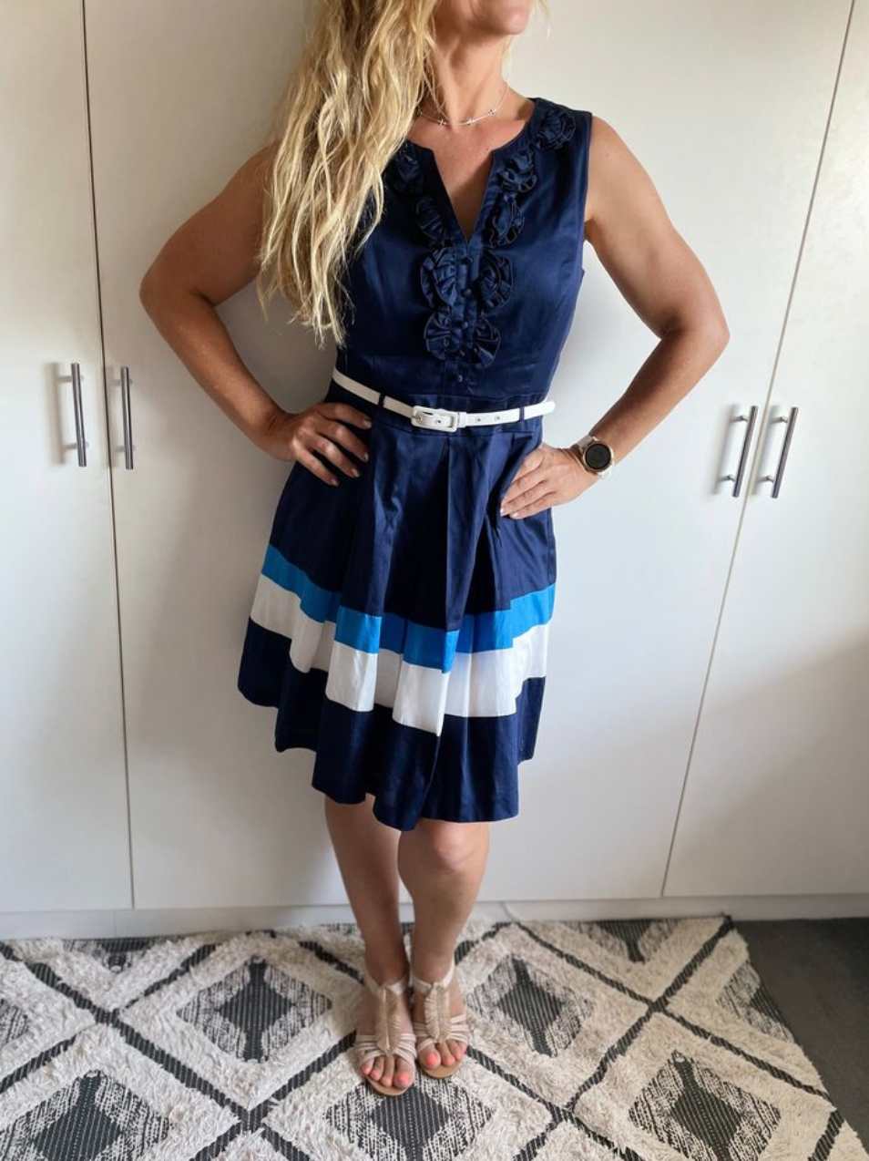 Size 12 REVIEW Hamptons Style Fit and Flare Blue Stripe Knee